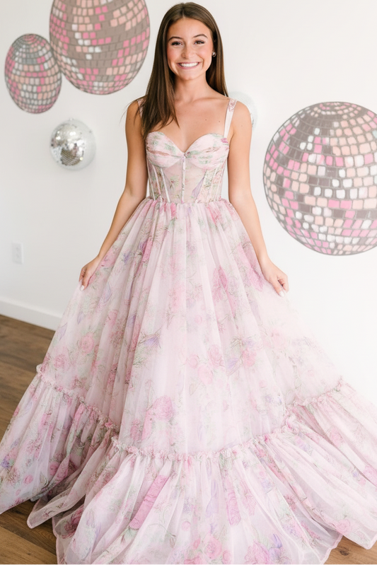 Women's Chiffon Floral Print A-Line Long Prom Dress Sweetheart Spaghetti Straps Party Gowns