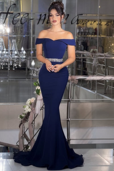 Sweetheart Off-Shoulder Sleeveless Beaded Velvet Mermaid Prom Dress with Sweep Train