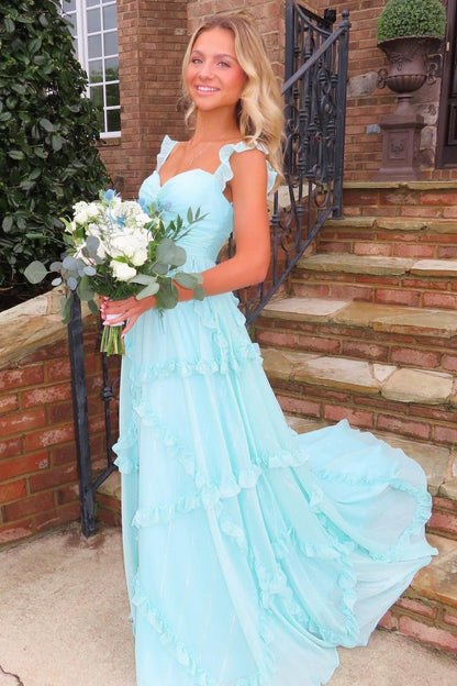 A-Line Sweetheart Spaghetti Straps Sleeveless Ruffled Chiffon Pleated Long Prom Dress