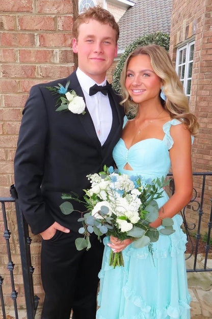 A-Line Sweetheart Spaghetti Straps Sleeveless Ruffled Chiffon Pleated Long Prom Dress