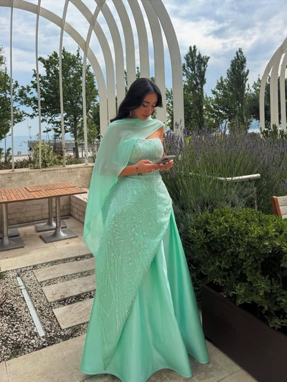 Tube Tops Sleeveless Sequined Beaded Satin Pleated Floor-Length A-Line Prom Dress