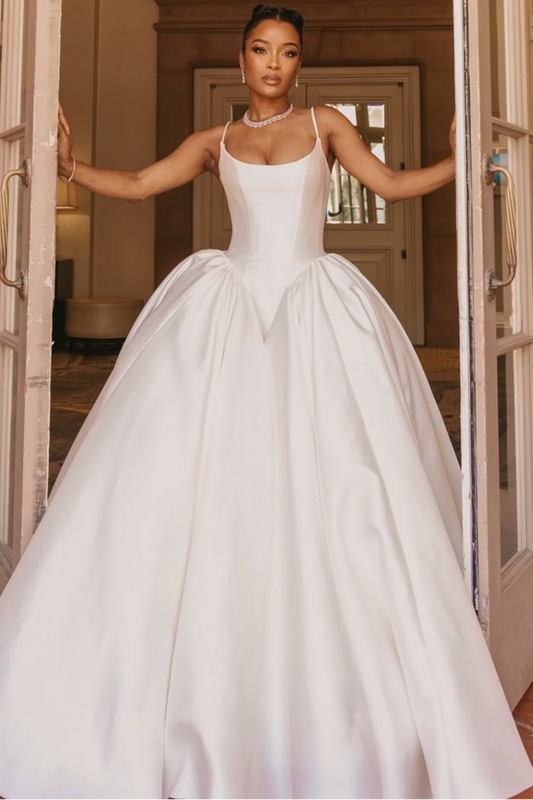 Scoop-Neck Spaghetti Straps Sleeveless Satin Pleated Simple A-Line Wedding Dress