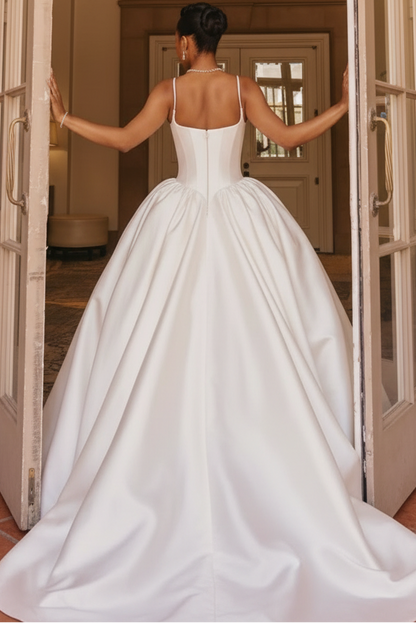 Scoop-Neck Spaghetti Straps Sleeveless Satin Pleated Simple A-Line Wedding Dress