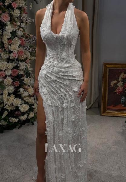 Halter V-Neck Sleeveless Floral Embellished Sequined Beaded Allover Lace Mermaid Prom Dress