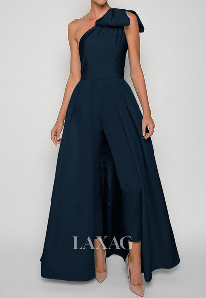 Asymmetrical-Neck One-Strap Sleeveless Satin Pleated Jumpsuit with Detachable Overskirt