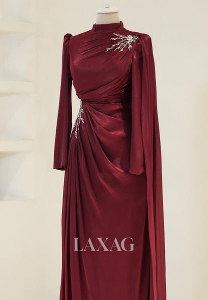 High-Neck Long-Sleeves Rhinestone Beaded Chiffon Pleated Floor-Length Fitted Evening Dress