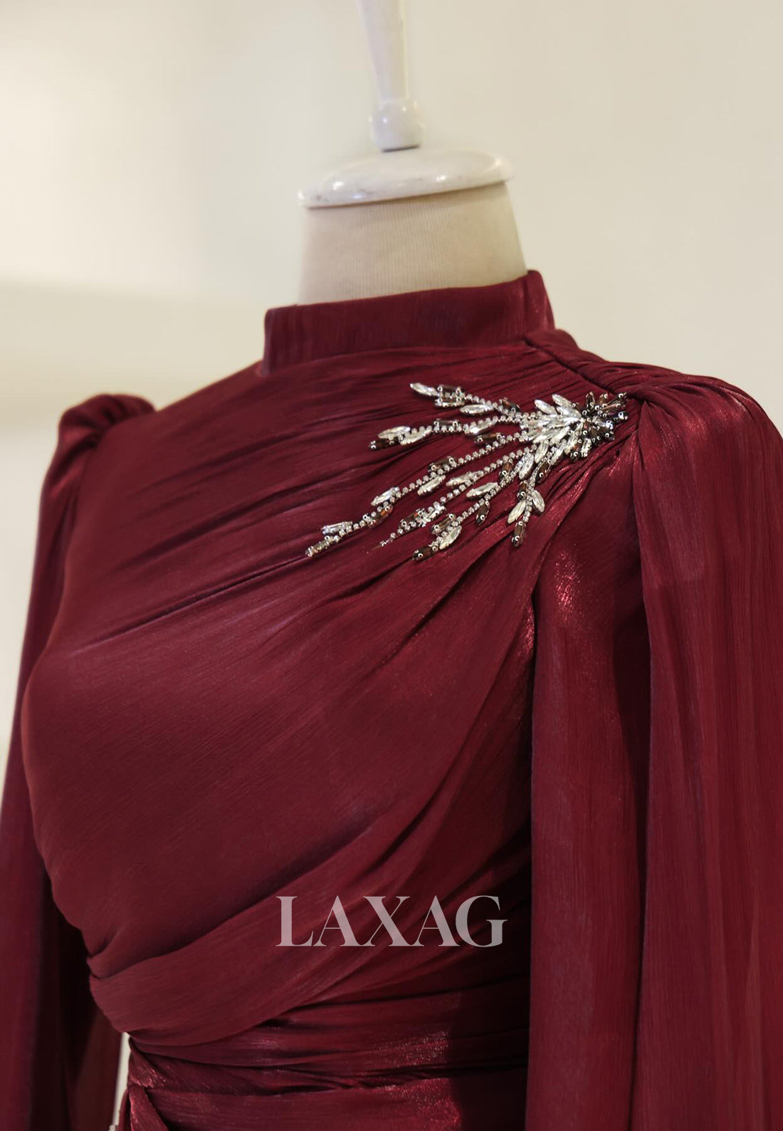 High-Neck Long-Sleeves Rhinestone Beaded Chiffon Pleated Floor-Length Fitted Evening Dress