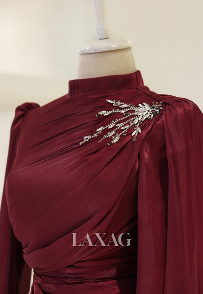 High-Neck Long-Sleeves Rhinestone Beaded Chiffon Pleated Floor-Length Fitted Evening Dress