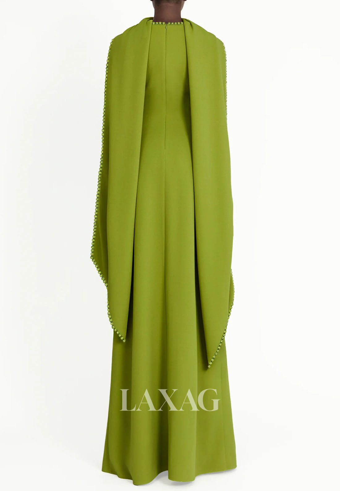 Scoop-Neck Long-Sleeves Pearls Satin Floor-Length Simple Fitted Formal Evening Dress with Overlay