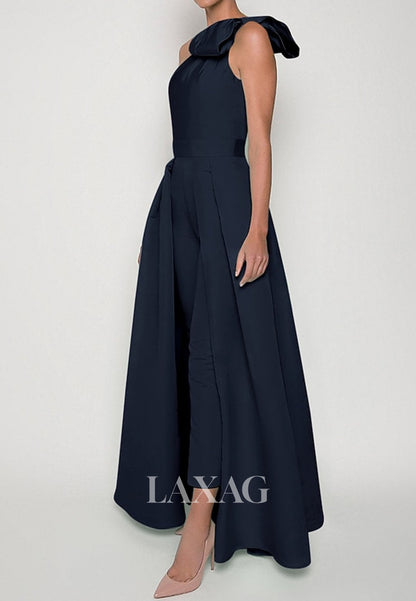 Asymmetrical-Neck One-Strap Sleeveless Satin Pleated Jumpsuit with Detachable Overskirt