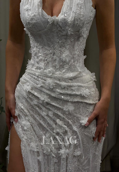 Halter V-Neck Sleeveless Floral Embellished Sequined Beaded Allover Lace Mermaid Prom Dress