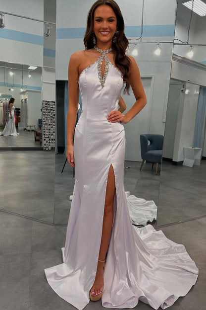 Mermaid Halter-Neck Sleeveless Satin Prom Dress Long Sequin Beaded Party Gowns