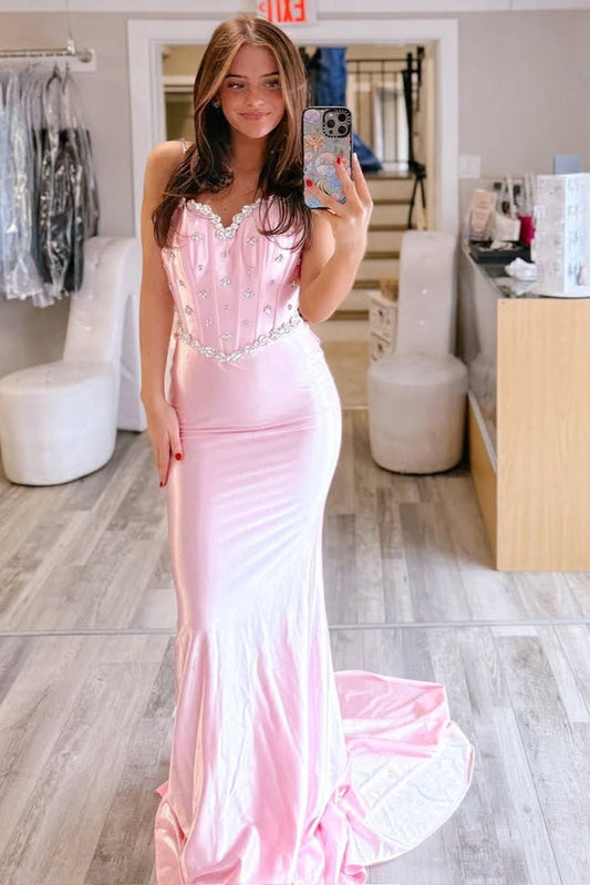 Mermaid Bodycon Sweetheart Satin Beaded Prom Dress Long for Women