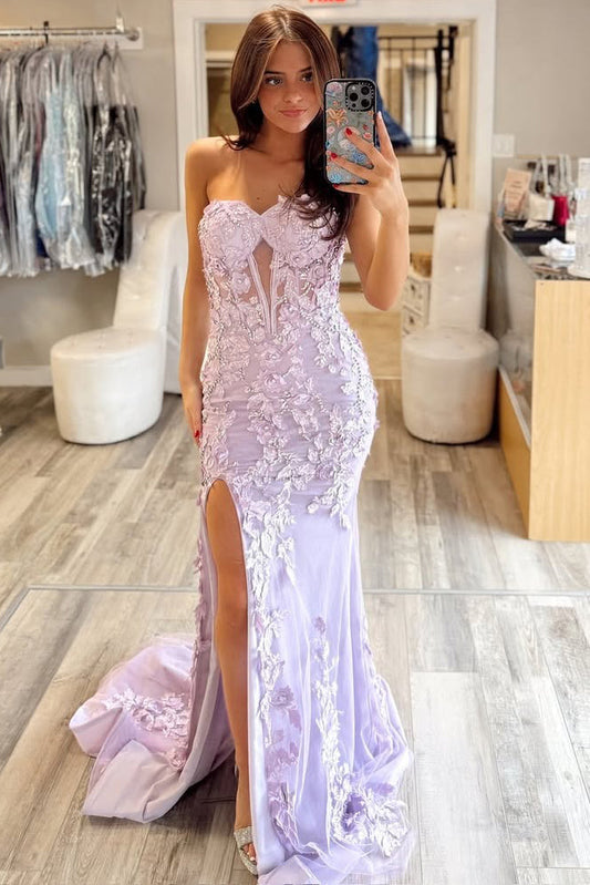 Sweetheart Tulle Lace Prom Dress Long Appliqued Evening Party Gowns with Slit