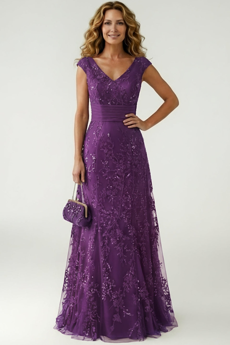 V-Neck Cap-Sleeves Fully Sequined Applique Satin&Tulle A-Line Mother of the Bride Dress