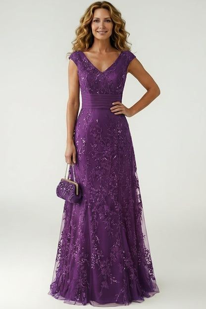 V-Neck Cap-Sleeves Fully Sequined Applique Satin&Tulle A-Line Mother of the Bride Dress