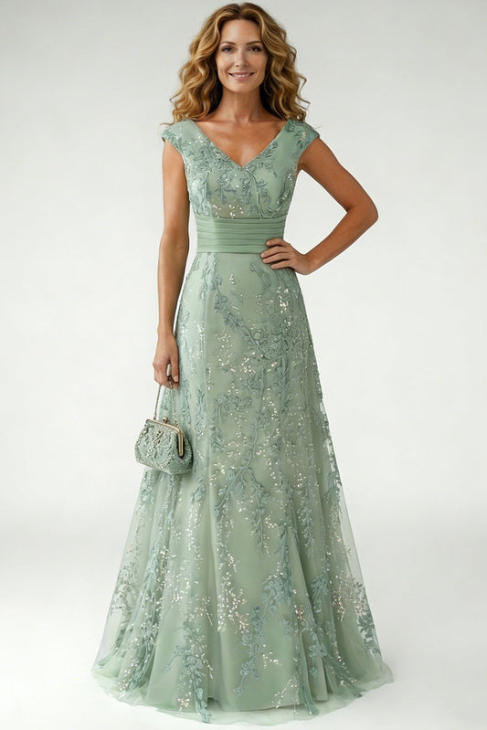 V-Neck Cap-Sleeves Fully Sequined Applique Satin&Tulle A-Line Mother of the Bride Dress