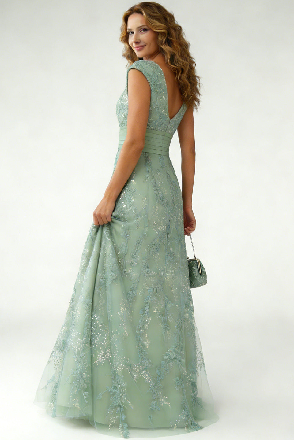 V-Neck Cap-Sleeves Fully Sequined Applique Satin&Tulle A-Line Mother of the Bride Dress