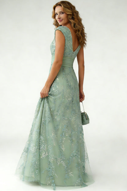 V-Neck Cap-Sleeves Fully Sequined Applique Satin&Tulle A-Line Mother of the Bride Dress