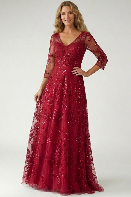 V-Neck Half-Sleeves Floor-Length Fully Sequined Applique Tulle A-Line Mother of the Bride Dress