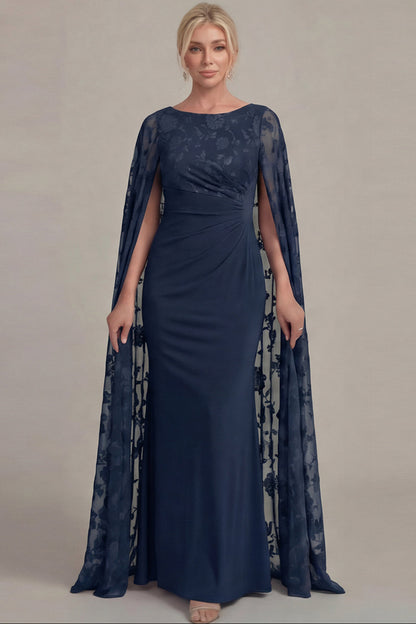 Scoop-Neck Cape-Sleeves Floor-Length Applique Chiffon&Tulle Mermaid Mother of the Bride Dress