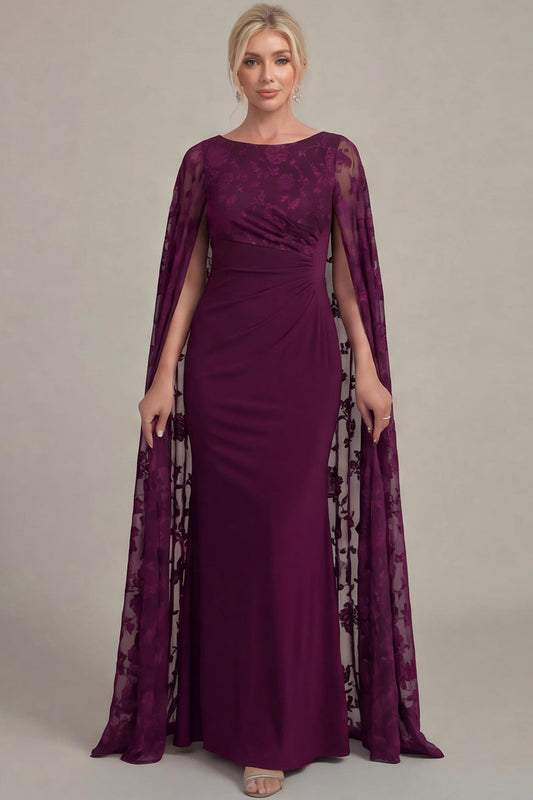 Scoop-Neck Cape-Sleeves Floor-Length Applique Chiffon&Tulle Mermaid Mother of the Bride Dress