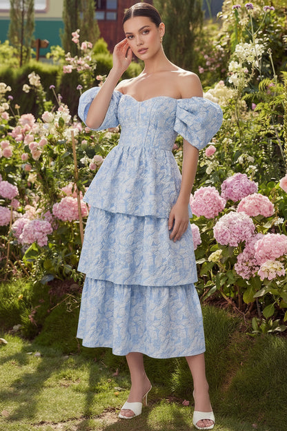 Sweetheart Puff-Sleeves Ankle-Length Jacquard Satin Pleated Tiered A-Line Mother of the Bride Dress