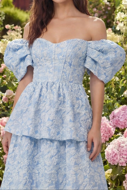 Sweetheart Puff-Sleeves Ankle-Length Jacquard Satin Pleated Tiered A-Line Mother of the Bride Dress