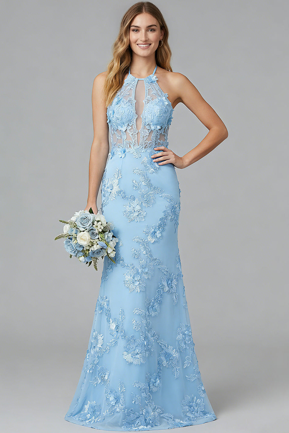 Halter-Neck Sleeveless Floor-Length Jacquard Tulle Sweep Train Mermaid Formal Prom Dress
