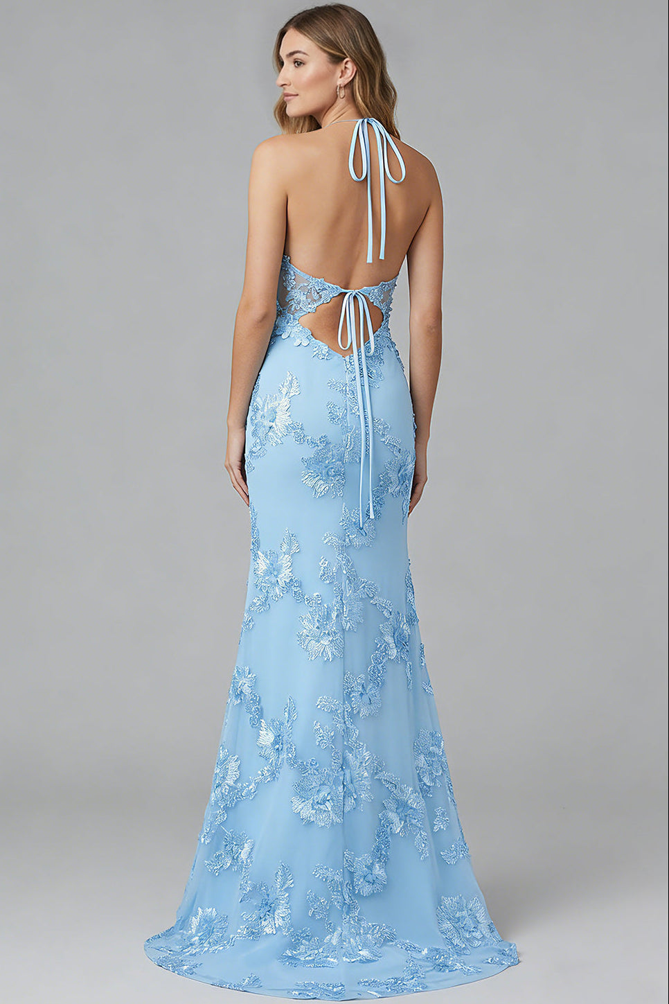 Halter-Neck Sleeveless Floor-Length Jacquard Tulle Sweep Train Mermaid Formal Prom Dress