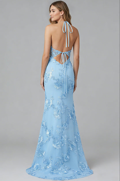 Halter-Neck Sleeveless Floor-Length Jacquard Tulle Sweep Train Mermaid Formal Prom Dress