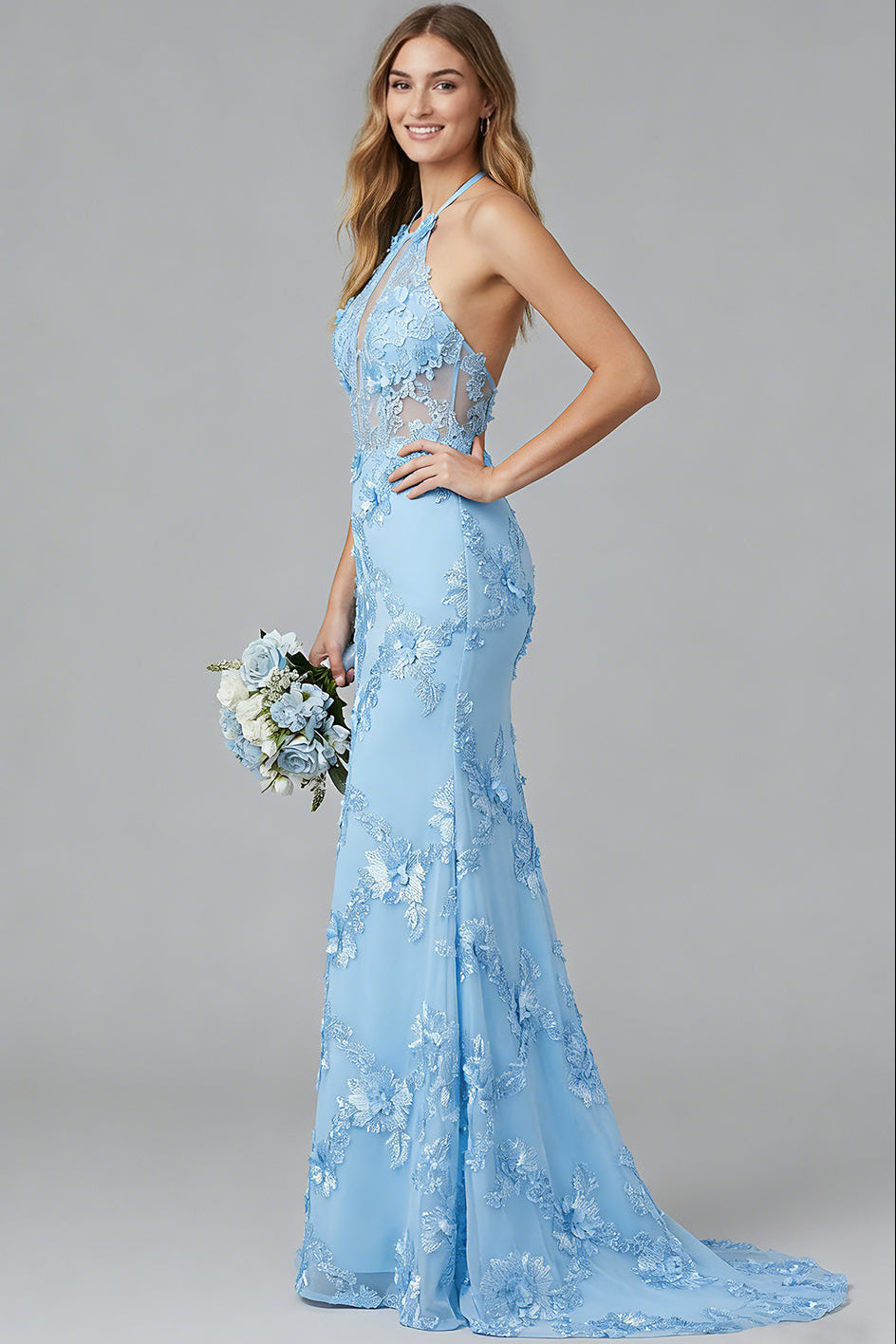 Halter-Neck Sleeveless Floor-Length Jacquard Tulle Sweep Train Mermaid Formal Prom Dress