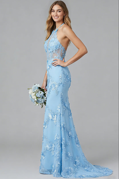 Halter-Neck Sleeveless Floor-Length Jacquard Tulle Sweep Train Mermaid Formal Prom Dress