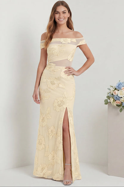 Bateau-Neck Sleeveless Floor-length Jacquard Tulle Mermaid Formal Prom Dress with Slit