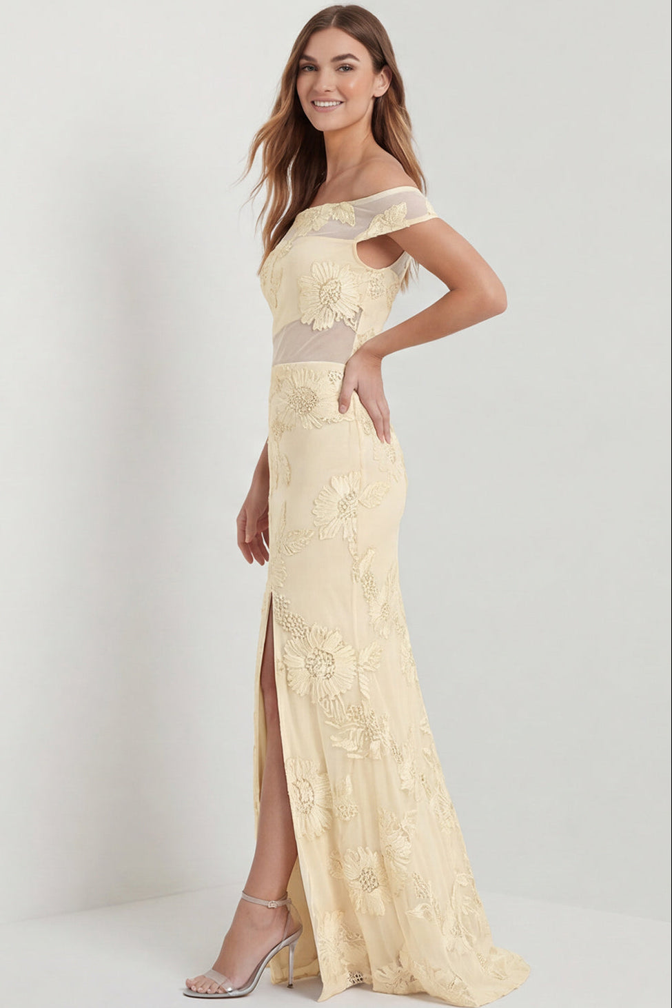 Bateau-Neck Sleeveless Floor-length Jacquard Tulle Mermaid Formal Prom Dress with Slit