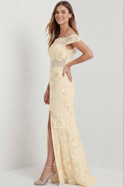 Bateau-Neck Sleeveless Floor-length Jacquard Tulle Mermaid Formal Prom Dress with Slit