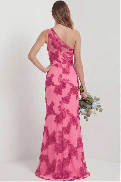 Asymmetrical-Neck One-Strap Sleeveless Jacquard Tulle Slit Mermaid Formal Prom Dress