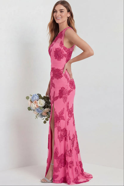Asymmetrical-Neck One-Strap Sleeveless Jacquard Tulle Slit Mermaid Formal Prom Dress