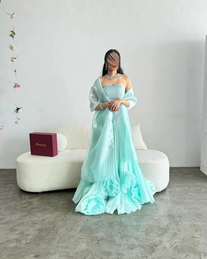 Off-Shoulder Tube Top Floral Embellished Satin&Chiffon Pleated A-Line Party Prom Dress