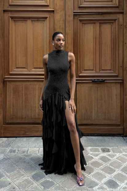 High-Neck Off-Shoulder Beaded Chiffon Pleated Tiered Fitted Prom Dress with High Slit