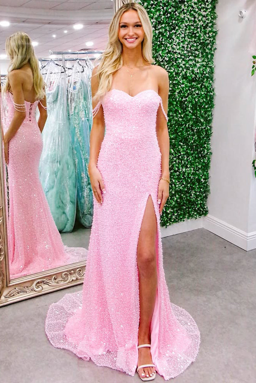 Off-Shoulder Sweetheart Fully Sequined Beaded Tulle Mermaid Prom Dress with Slit