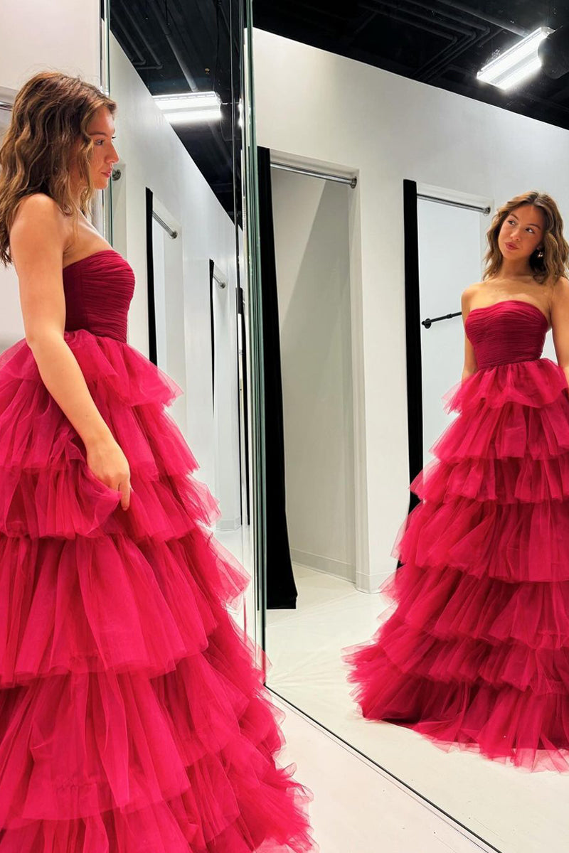 Tube Top Off-Shoulder Sleeveless Party Gowns Tulle Pleated Tiered A-Line Prom Dress