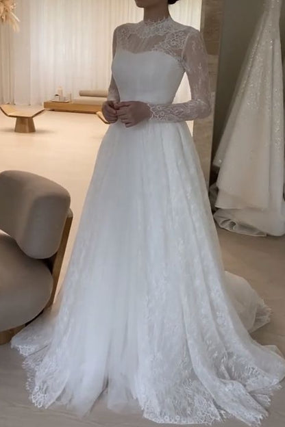 High-Neck Long-Sleeves Allover Lace Satin Pleated Sheer A-Line Wedding Dress with Train