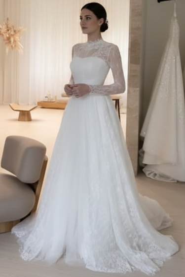 High-Neck Long-Sleeves Allover Lace Satin Pleated Sheer A-Line Wedding Dress with Train