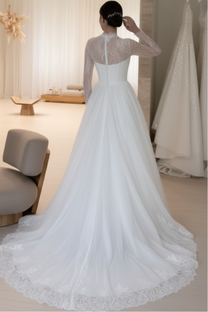 High-Neck Long-Sleeves Allover Lace Satin Pleated Sheer A-Line Wedding Dress with Train