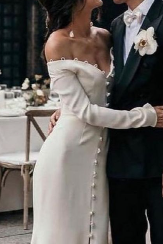 Off-Shoulder Sweetheart Long-Sleeves Satin Sweep Train Mermaid Wedding Dress