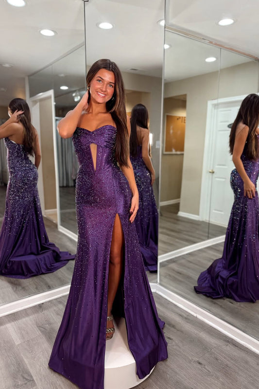 Sweetheart Off-Shoulder Sleeveless Fully Beaded Satin Pleated Mermaid Prom Dress with High Slit