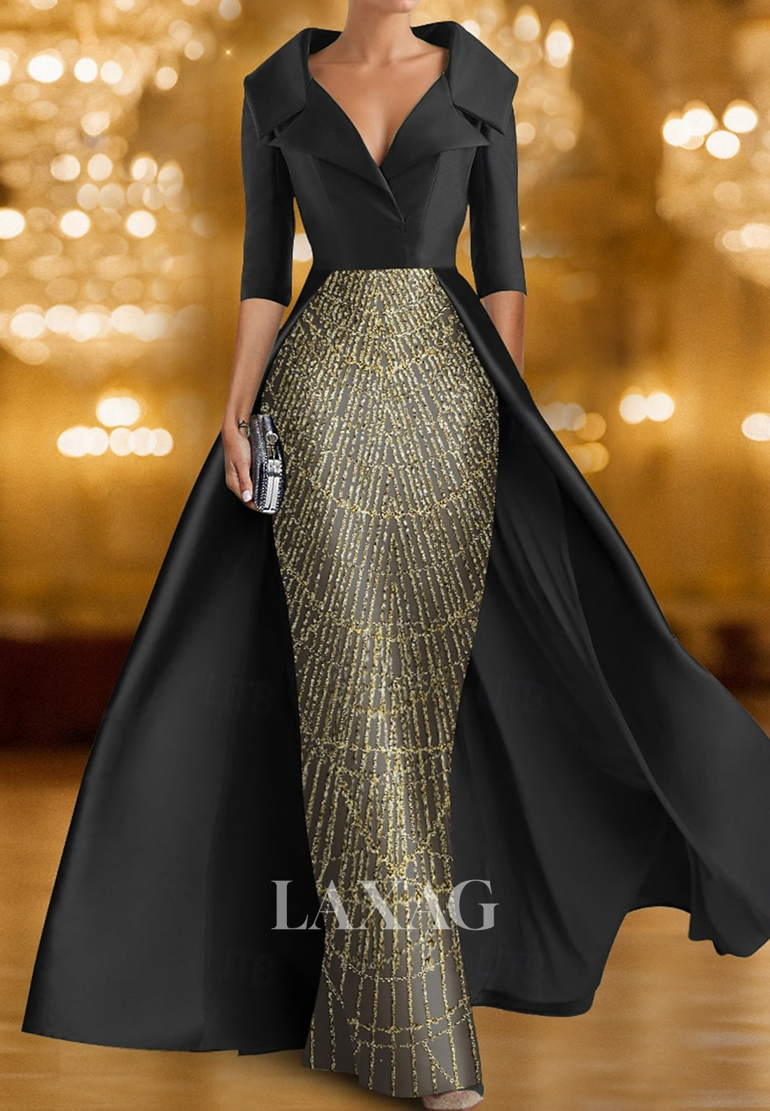 V-Neck Collared Half-Sleeves Sequined Beaded Satin Pleated Mermaid Mother of the Bride Dress