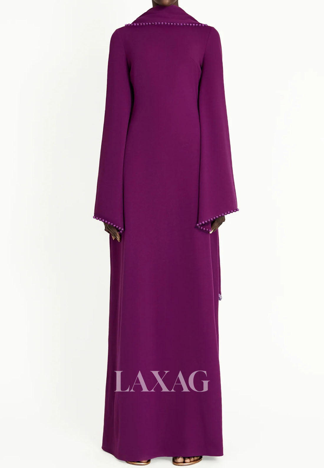 Scoop-Neck Long-Sleeves Pearls Satin Floor-Length Simple Fitted Formal Evening Dress with Overlay