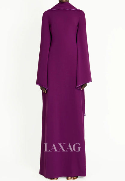 Scoop-Neck Long-Sleeves Pearls Satin Floor-Length Simple Fitted Formal Evening Dress with Overlay